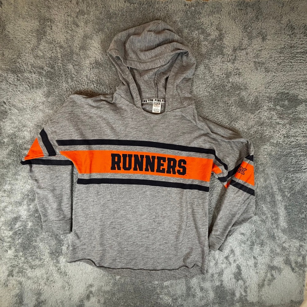 Pink Victoria's Secret Runners Hooded T-Shirt Gray Orange Stripe Large